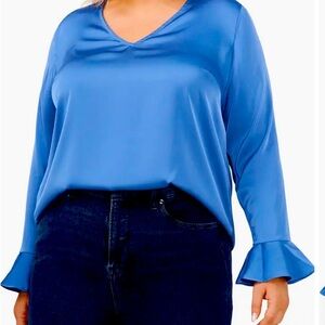 CeCe Blue Satin top/blouse with flare cuff, beautiful blue , size 2X